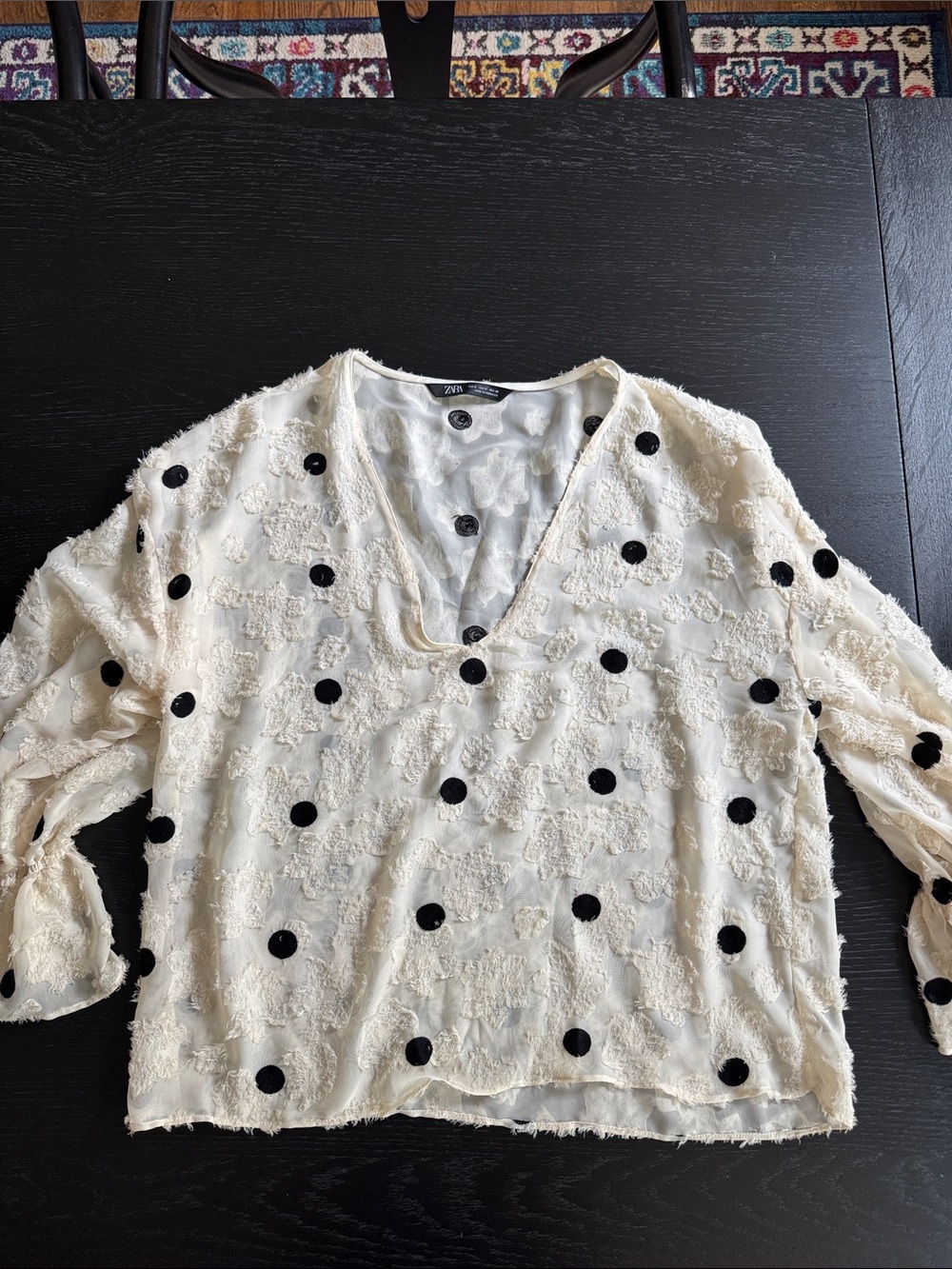 Zara Cream V-Neck Blouse with Black Polka Dots